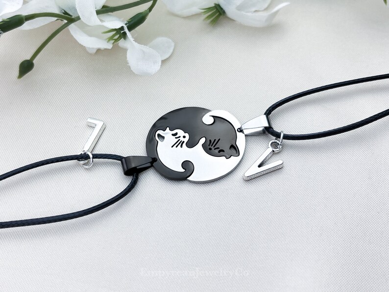 Cat Yin Yang Necklace Set for 2, Personalized Custom Letter, Matching Necklaces for Couples, Best Friendship BFF Necklace, Cute Couples Gift