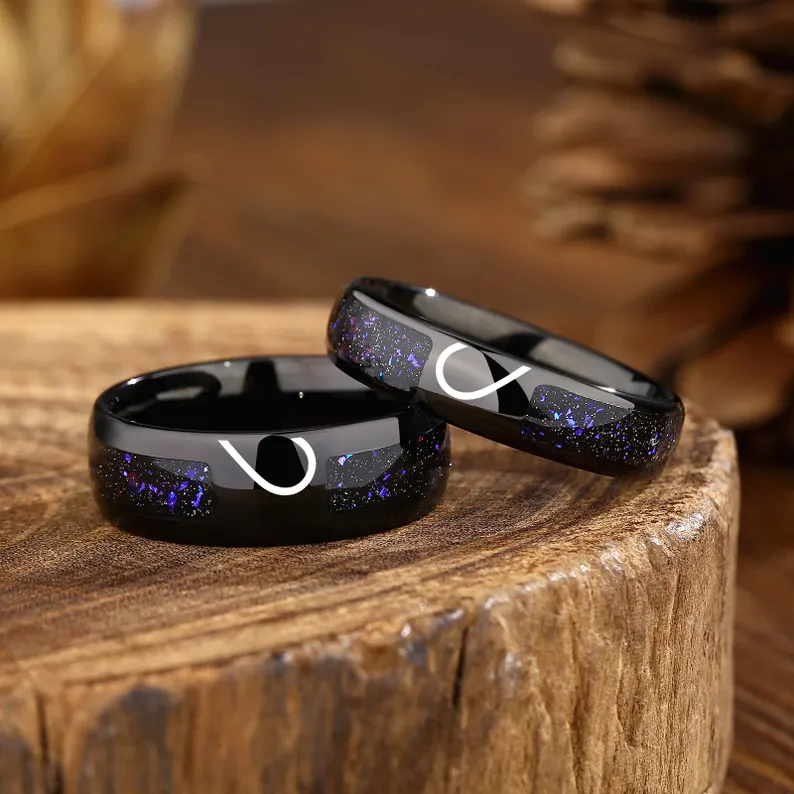 Half Heart Couple Rings – Black Promise Matching Bands, Stainless Steel Galaxy Inlay