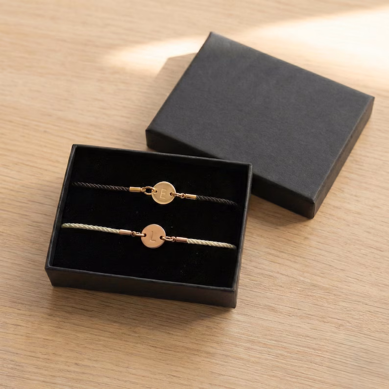 Set of 2 Personalised Initial Couple Bracelet, Adjustable Cord Bracelets, His & Hers Valentine Gift