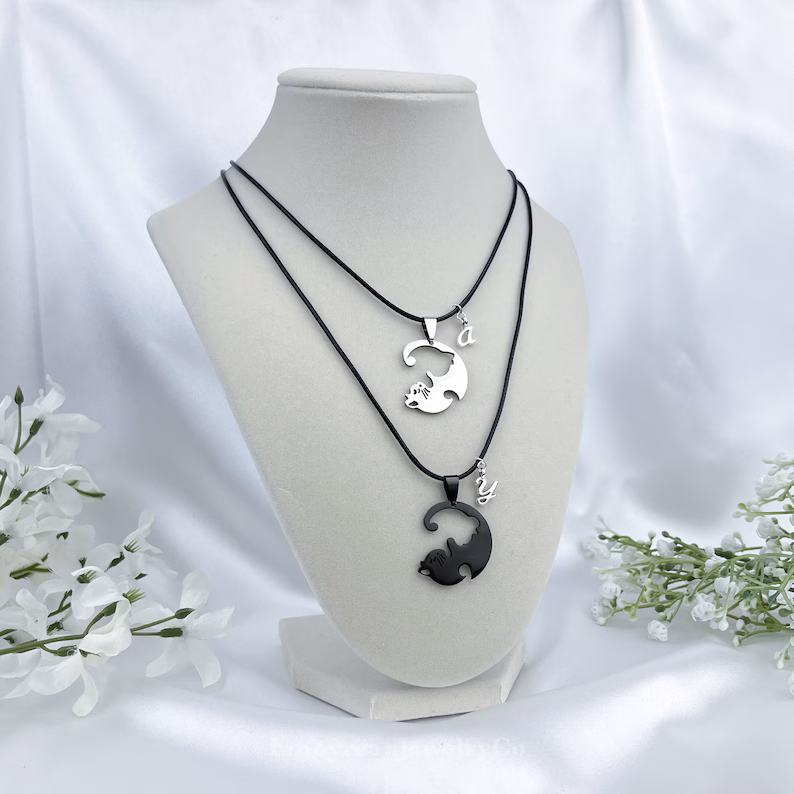 Cat Yin Yang Necklace Set for 2, Personalized Custom Letter, Matching Necklaces for Couples, Best Friendship BFF Necklace, Cute Couples Gift