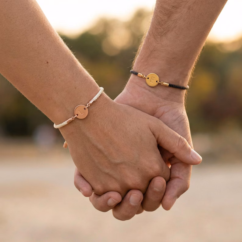 Set of 2 Personalised Initial Couple Bracelet, Adjustable Cord Bracelets, His & Hers Valentine Gift