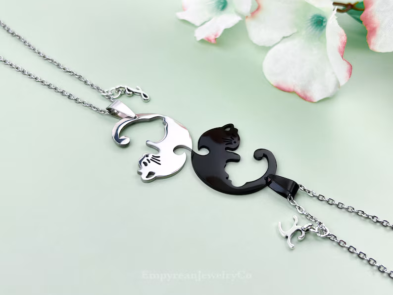 Cat Yin Yang Necklace Set for 2, Personalized Custom Letter, Matching Necklaces for Couples, Best Friendship BFF Necklace, Cute Couples Gift