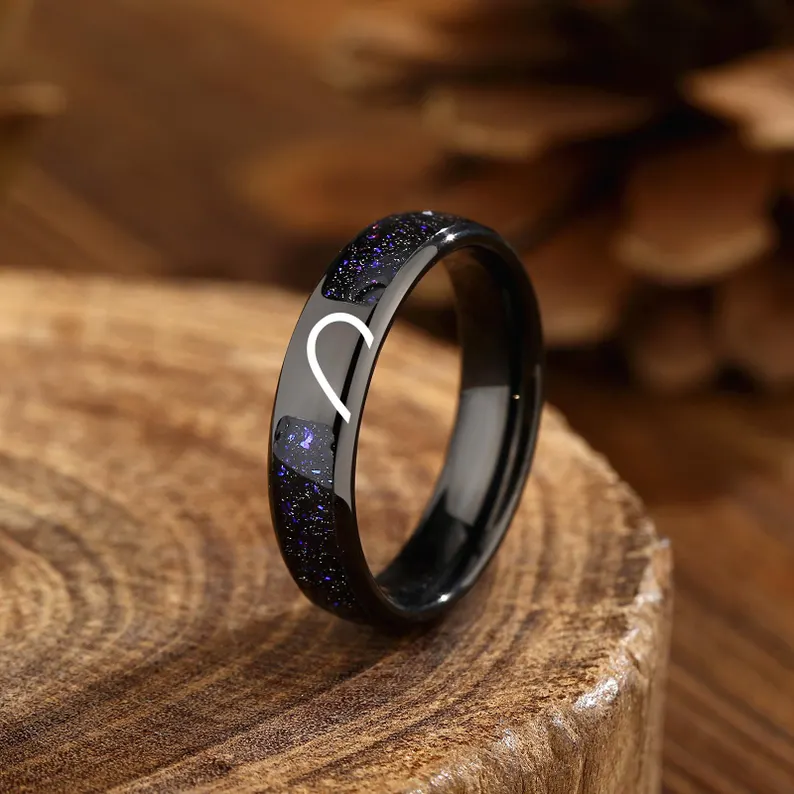 Half Heart Couple Rings – Black Promise Matching Bands, Stainless Steel Galaxy Inlay
