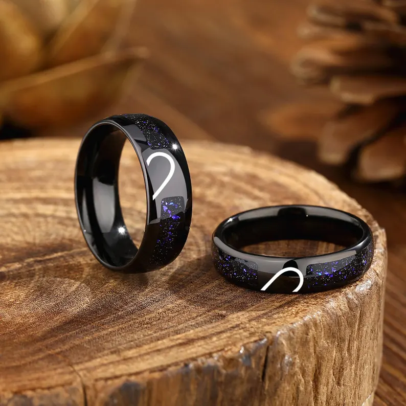 Half Heart Couple Rings – Black Promise Matching Bands, Stainless Steel Galaxy Inlay