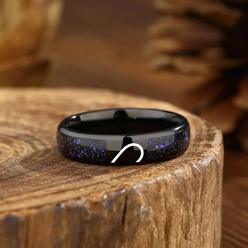 Half Heart Couple Rings – Black Promise Matching Bands, Stainless Steel Galaxy Inlay