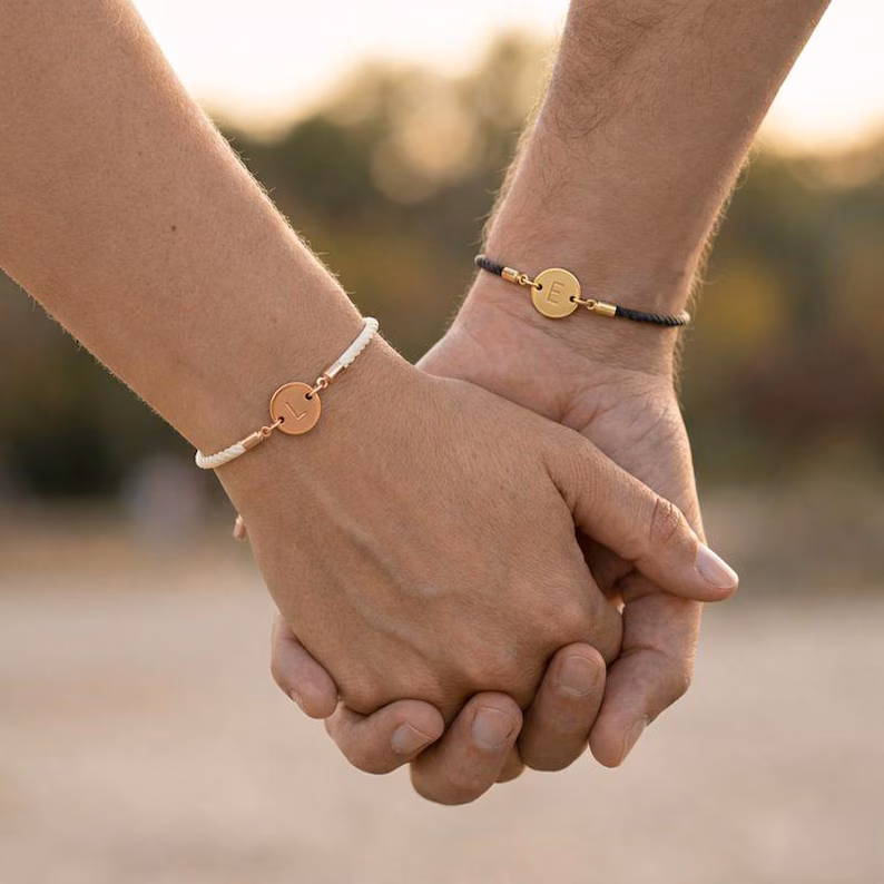 Set of 2 Personalised Initial Couple Bracelet, Adjustable Cord Bracelets, His & Hers Valentine Gift