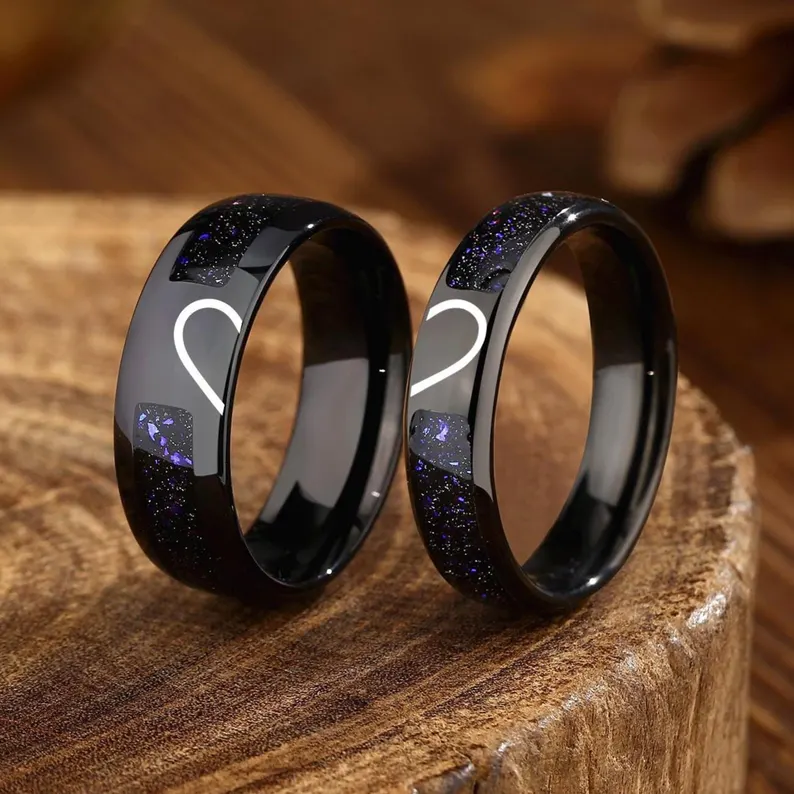 Half Heart Couple Rings – Black Promise Matching Bands, Stainless Steel Galaxy Inlay