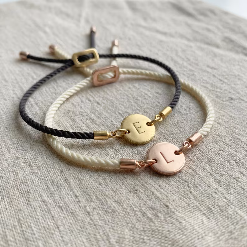 Set of 2 Personalised Initial Couple Bracelet, Adjustable Cord Bracelets, His & Hers Valentine Gift