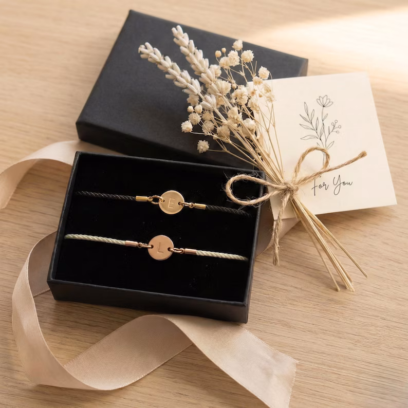 Set of 2 Personalised Initial Couple Bracelet, Adjustable Cord Bracelets, His & Hers Valentine Gift