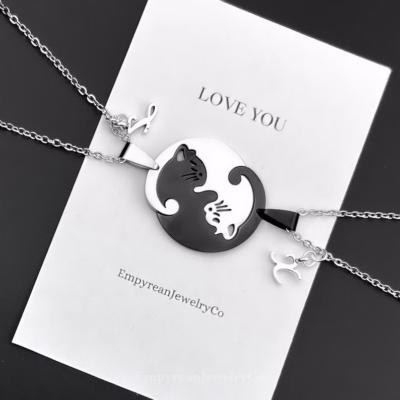 Cat Yin Yang Necklace Set for 2, Personalized Custom Letter, Matching Necklaces for Couples, Best Friendship BFF Necklace, Cute Couples Gift