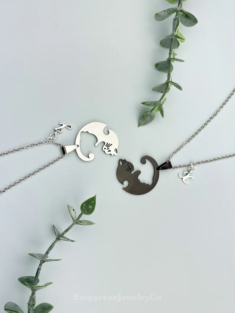 Cat Yin Yang Necklace Set for 2, Personalized Custom Letter, Matching Necklaces for Couples, Best Friendship BFF Necklace, Cute Couples Gift