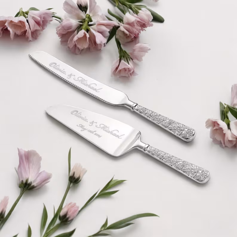 Personalized Wedding CAKE CUTTING SET Gold Silver Serving Cutter Knife Server Minimalist Rustic Vintage Classic Engagement Custom Engraved