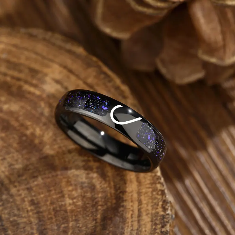 Half Heart Couple Rings – Black Promise Matching Bands, Stainless Steel Galaxy Inlay
